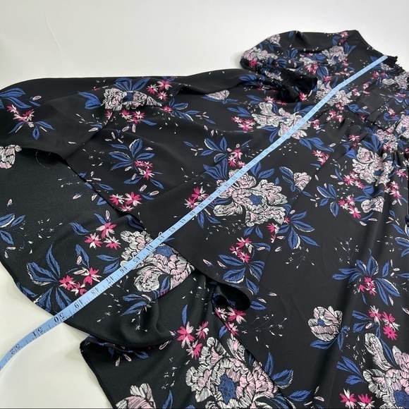 NANETTE LEPORE Black Mystic Blue Floral Smocked Mock Neck Chiffon High-Low Dress - Picture 16 of 16